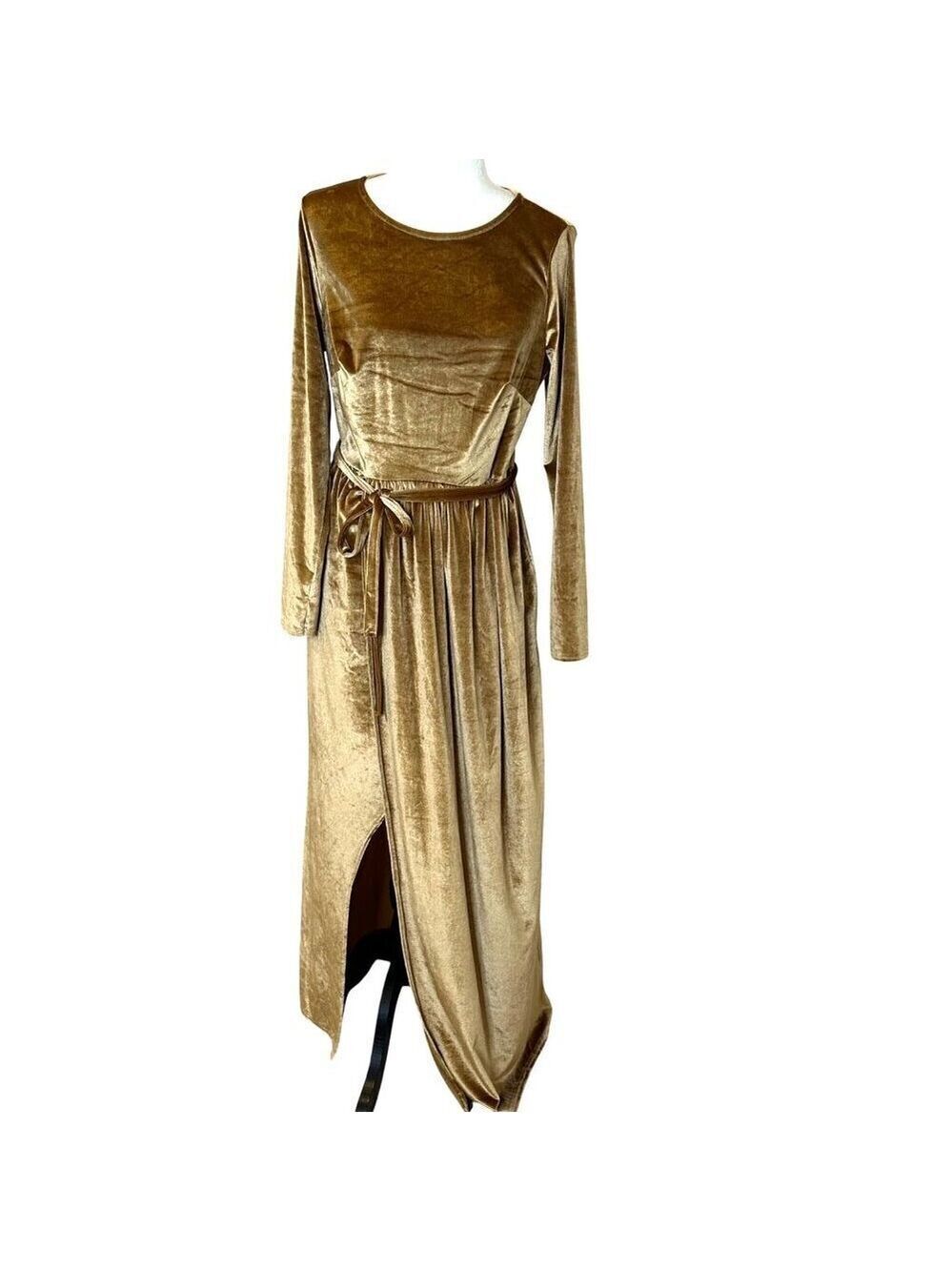 Gold Velvet Maxi Dress Size 12 Long Sleeve Belted Modest  Club L Holiday Party